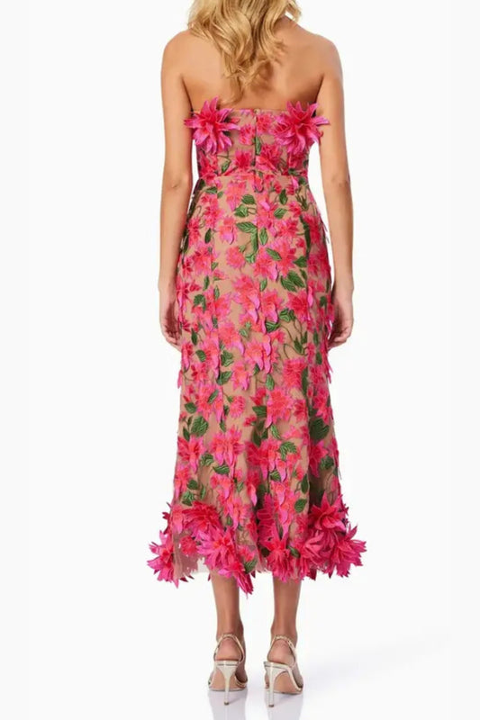 3D flower embroidery strapless midi dress in rose red