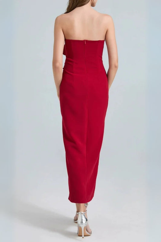 michelle 3d flower strapless midi dress in red