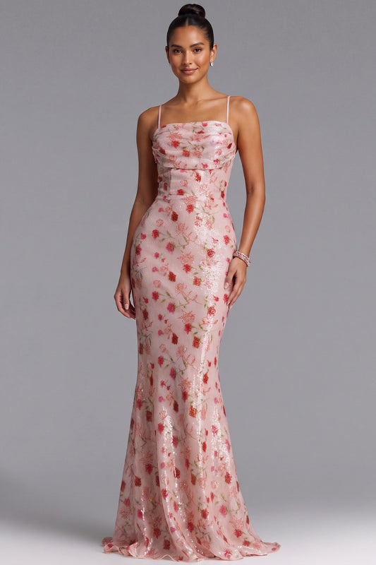 Blush Pink Floral Sequin Mermaid Gown with Lace-Up Back Premium Fabric - product view 2
