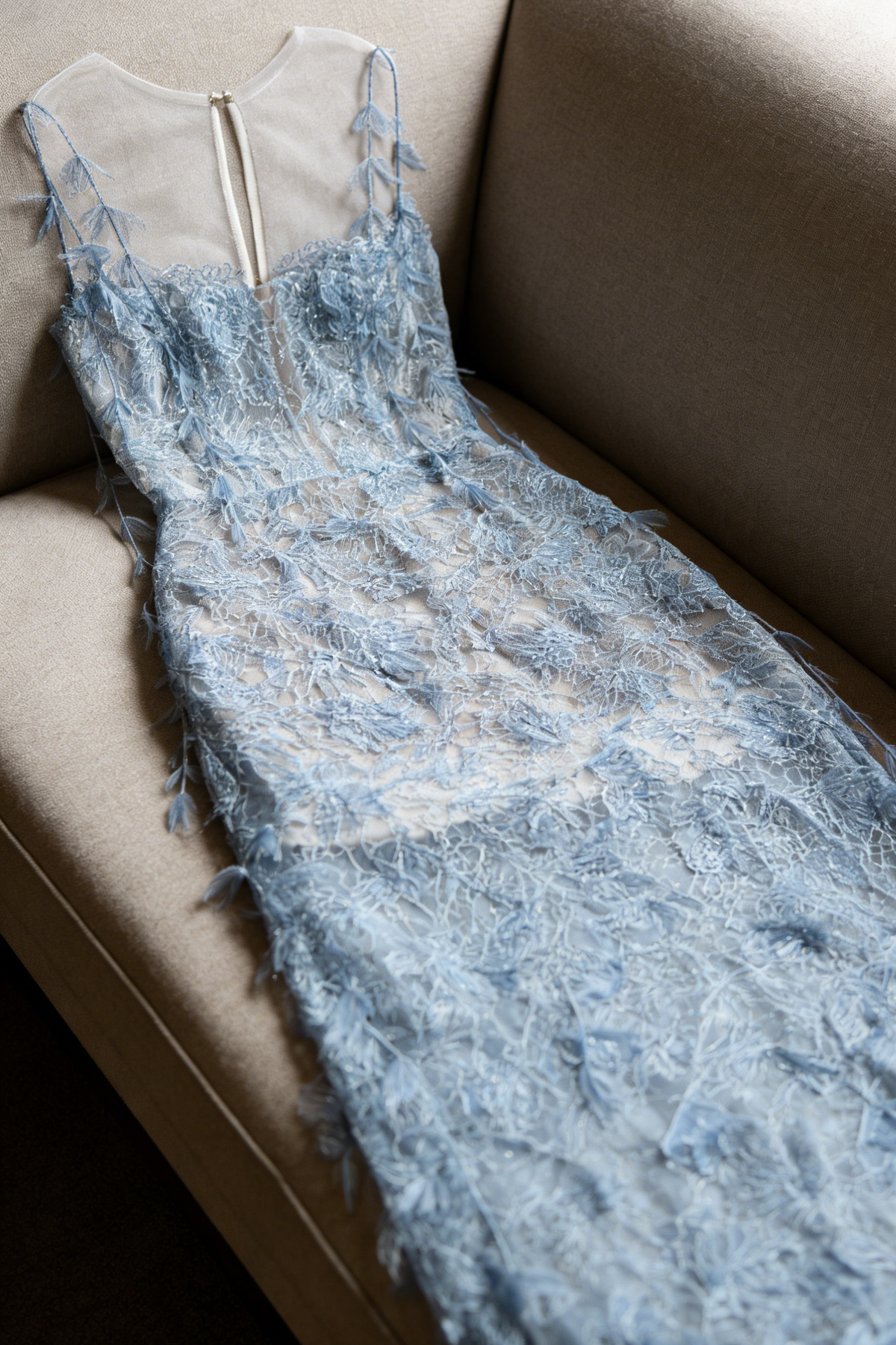 BLUE BEADED LACE PENCEL DRESS