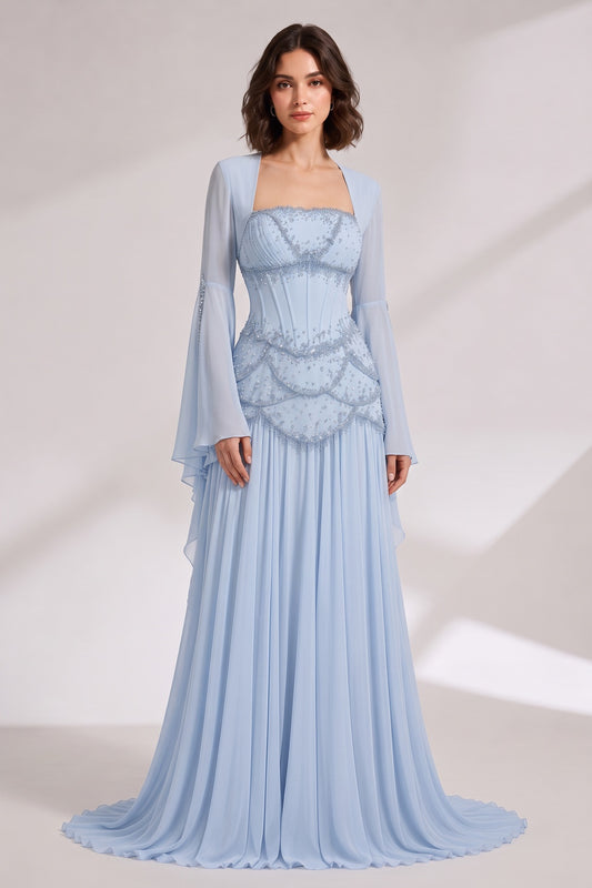 light blue chiffon A-line gown light blue chiffon gown - product view 1
