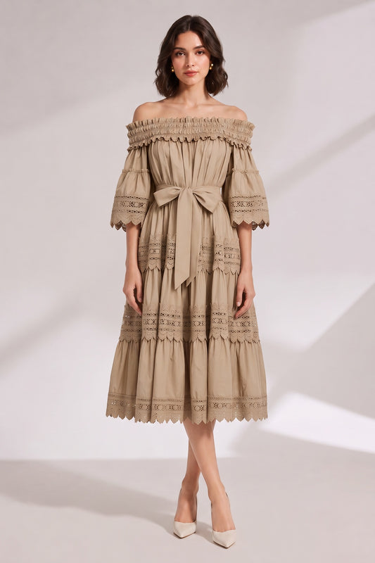 Beige Off-The-Shoulder Tiered Midi Dress with Lace Inserts Premium Fabric - product view 1