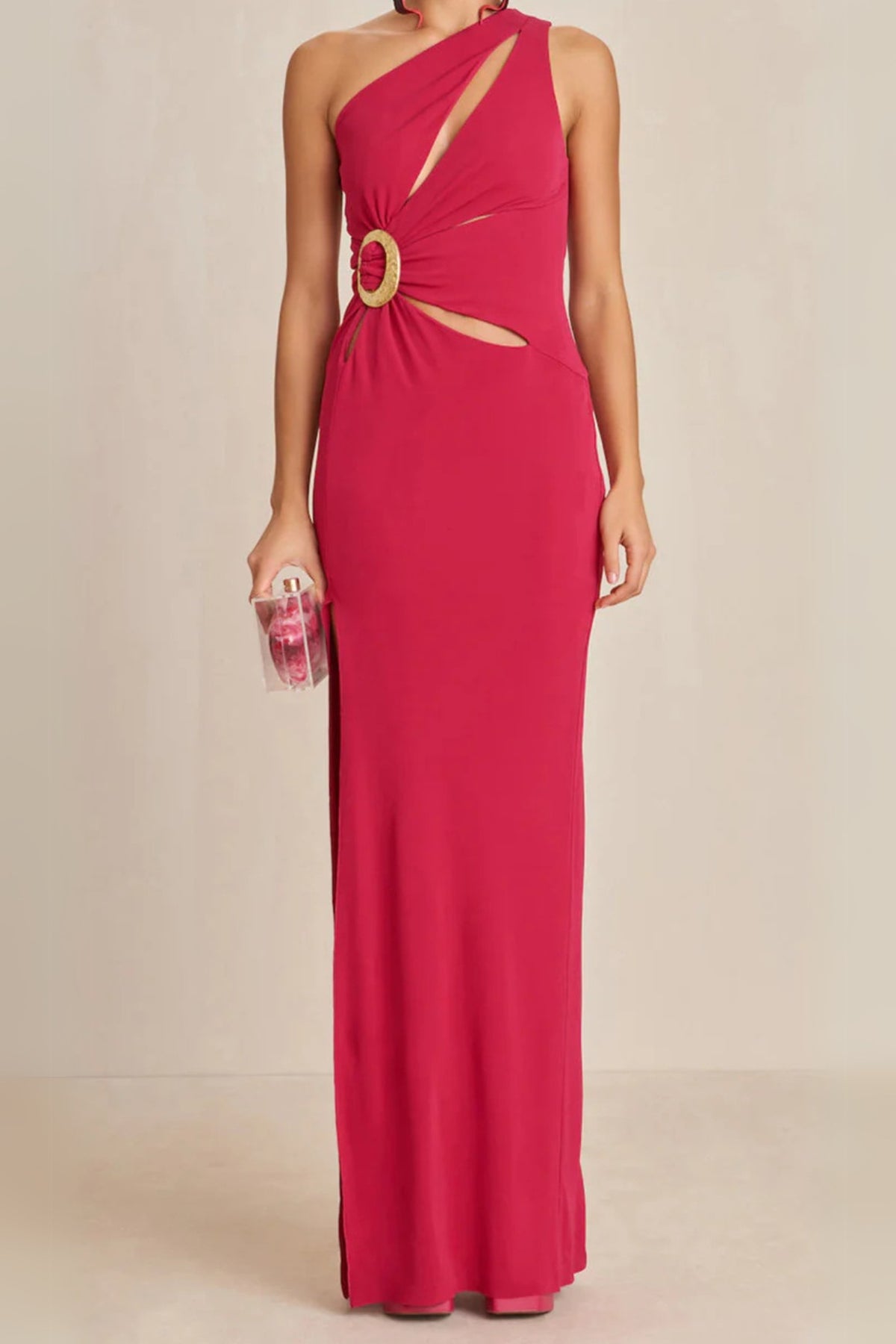 one-shoulder cutout side slit maxi dress in magenta