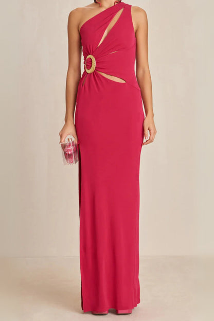 one-shoulder cutout side slit maxi dress in magenta