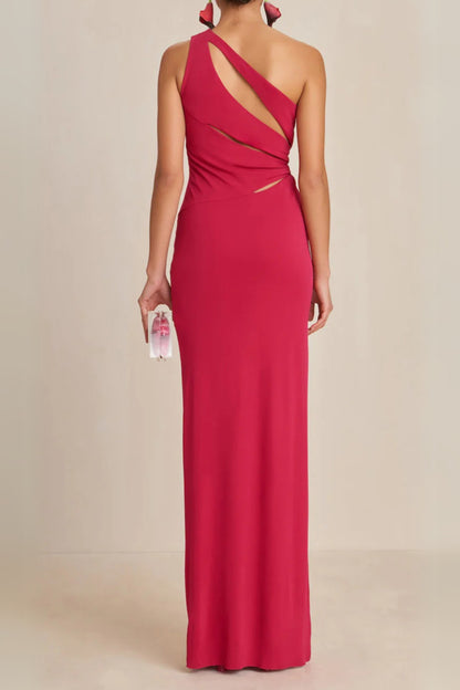 one-shoulder cutout side slit maxi dress in magenta