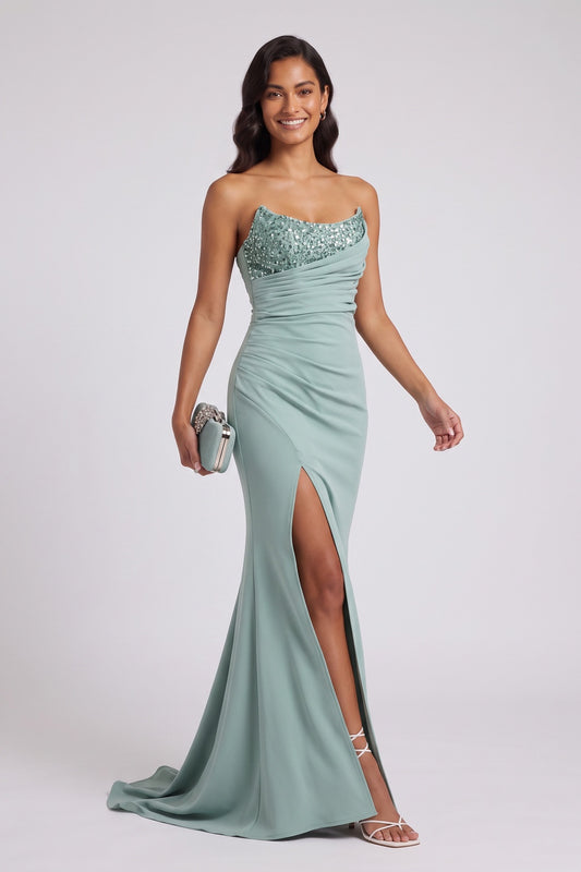Mint Green One-Shoulder Sequin Evening Gown Premium Fabric - product view 1
