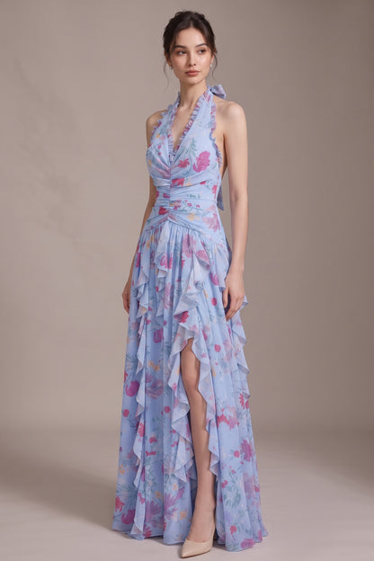 light blue chiffon fit-and-flare gown light blue chiffon gown - product view 3