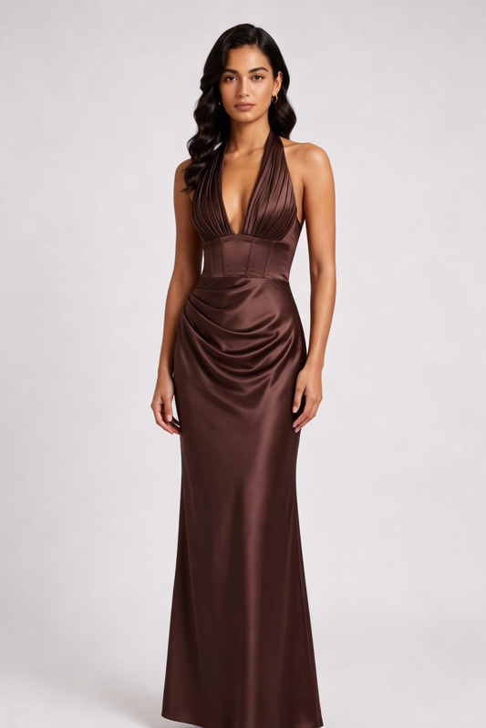 chocolate brown satin column gown