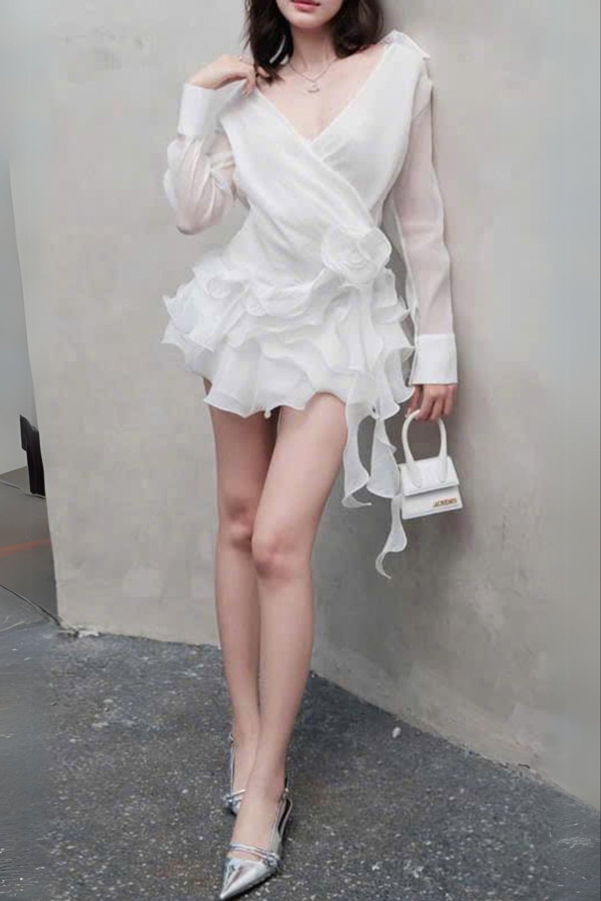 flower ruffle ribbon mini dress in white