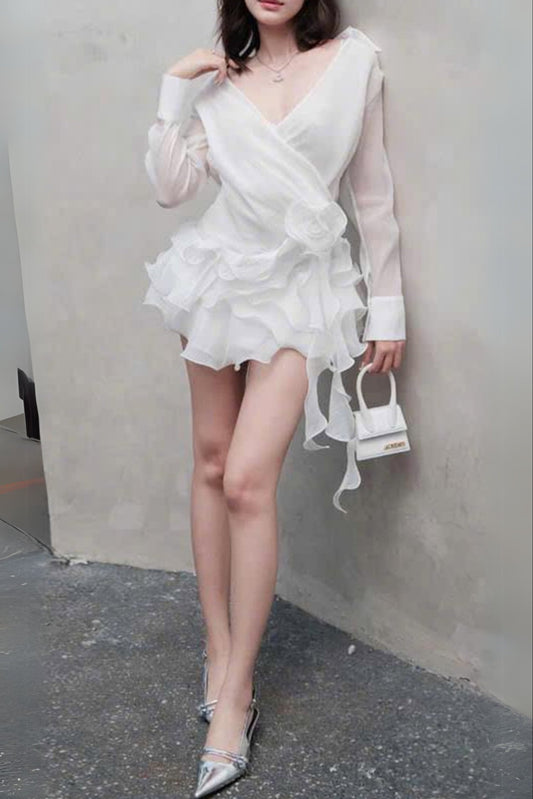 flower ruffle ribbon mini dress in white