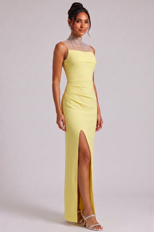 Yellow Beaded Neckline Maxi Dress Premium Fabric - product view 2