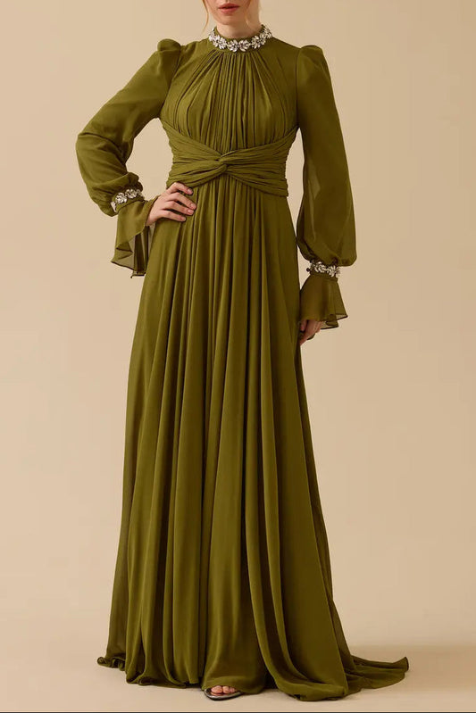 alyssa puff long sleeve pleated silk maxi dress in green