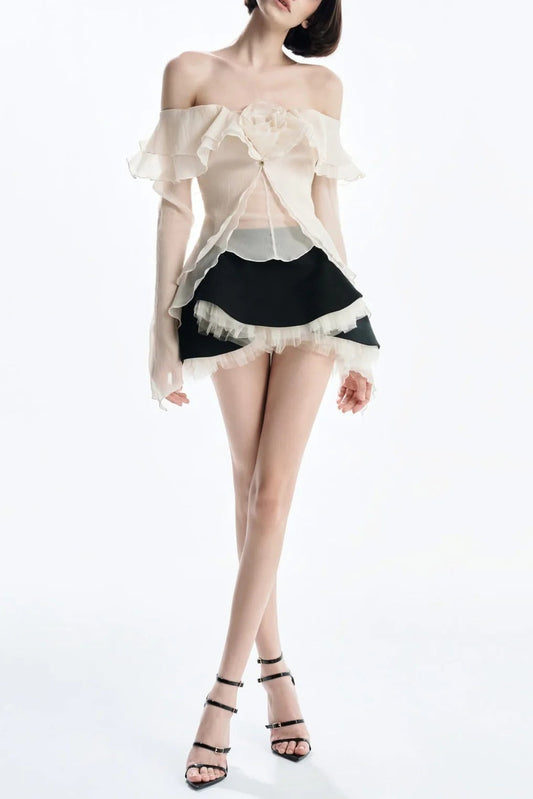 apricot One-shoulder tube top with backless ruffled mesh skirt set