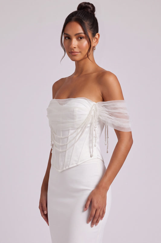 White Structured Satin Corset Top with Pearl-Embellished Off-Shoulder Sleeves white structured satin corset top - product view 3