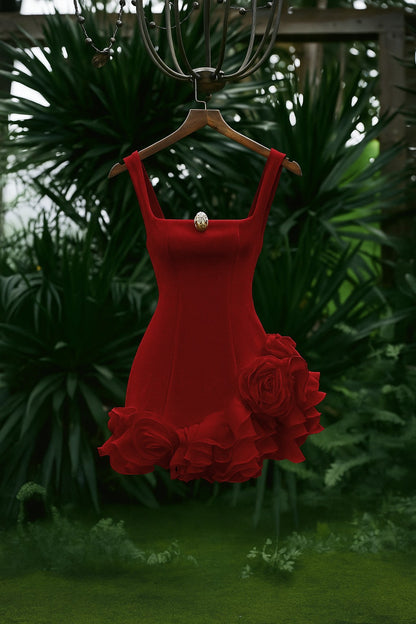 renata square neck flower velvet mini dress