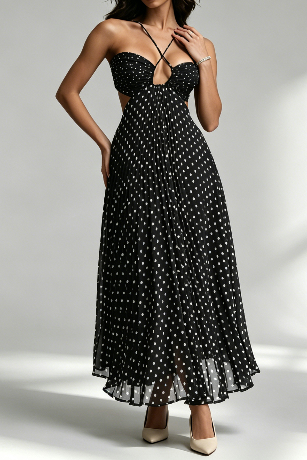 Black White Polka Dot Crisscross Strappy Cutout Pleated Midi Dress