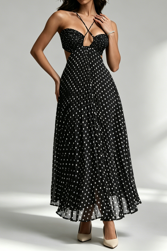 Black White Polka Dot Crisscross Strappy Cutout Pleated Midi Dress