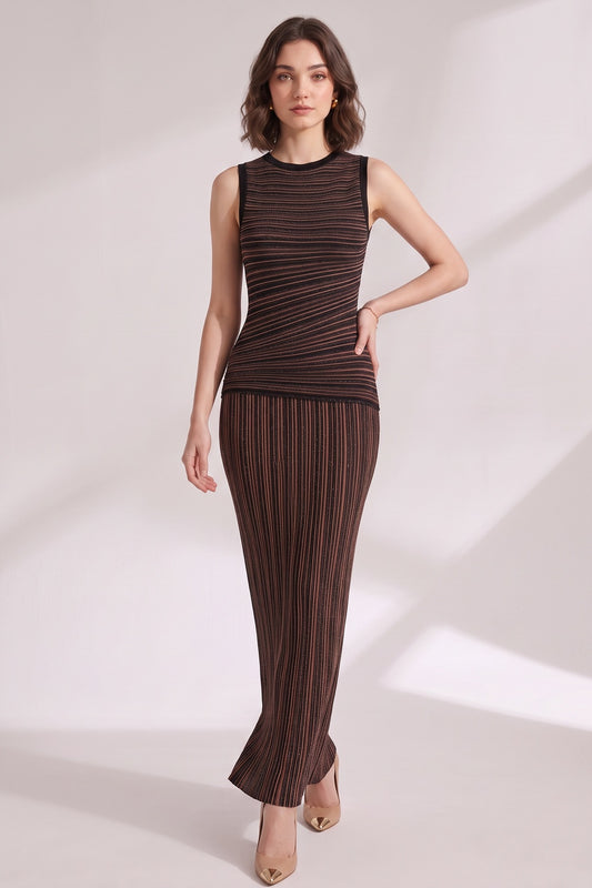 Black Fine knit Bodycon / Column Two-piece knit set (top and maxi skirt) Black, Bronze Fine knit Two-piece knit set (top and maxi skirt) - product view 3