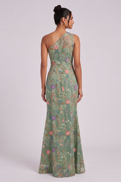sage green embroidered tulle trumpet gown sage green embroidered tulle gown - product view 5