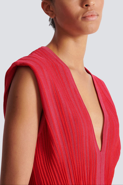 v-neck sleeveless flared knit mini dress in red