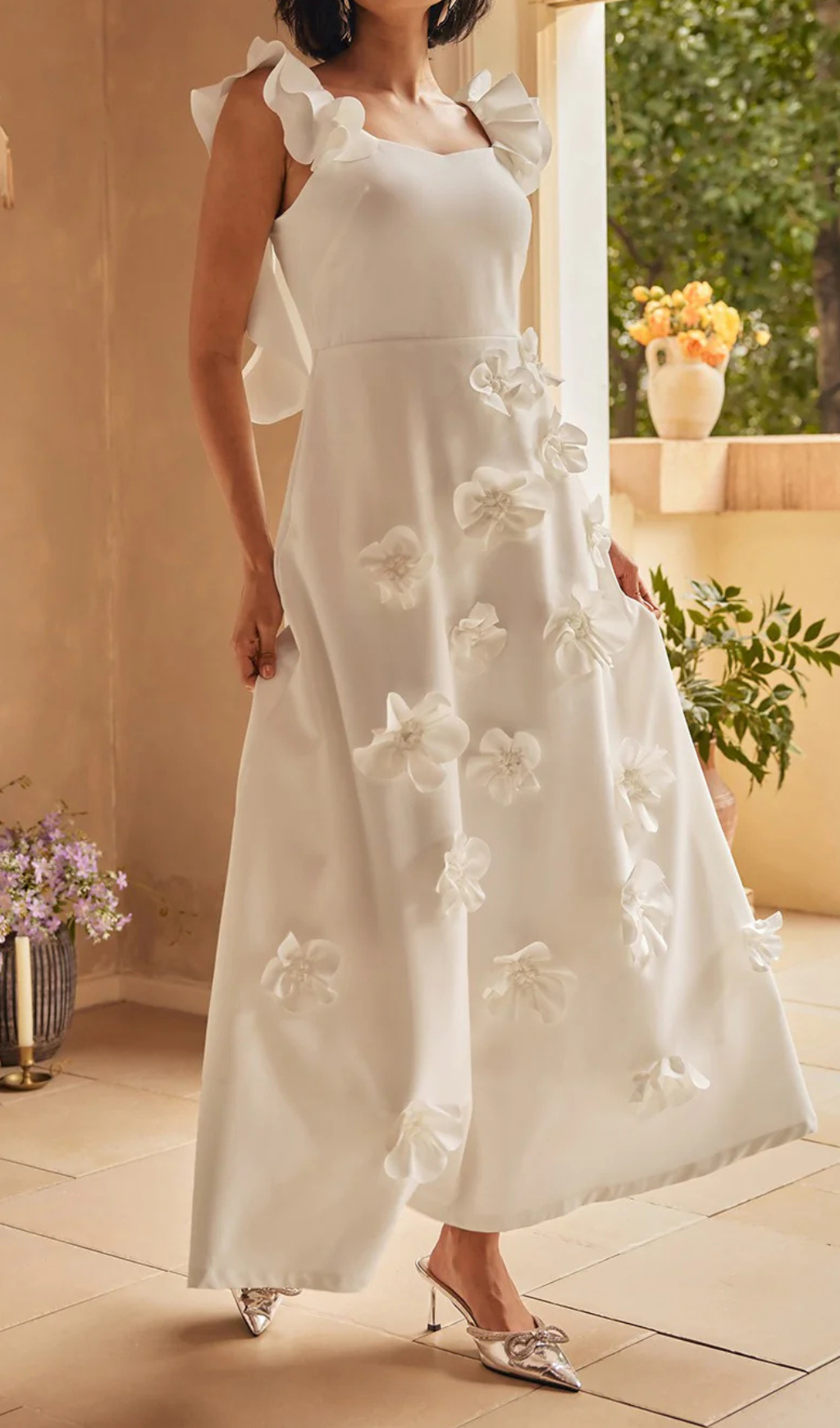 flower ruffle trim strap midi dress in white