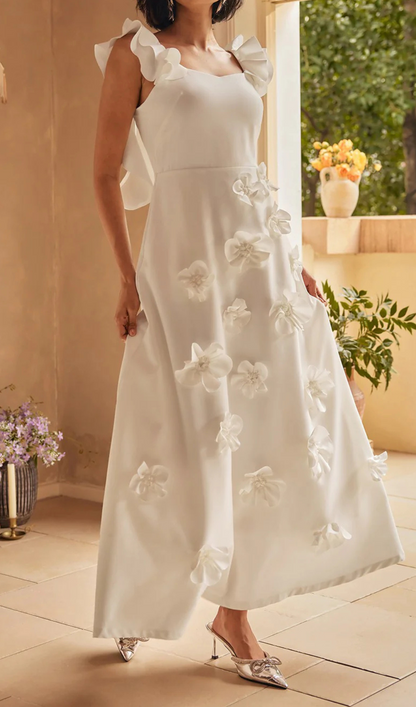 flower ruffle trim strap midi dress in white