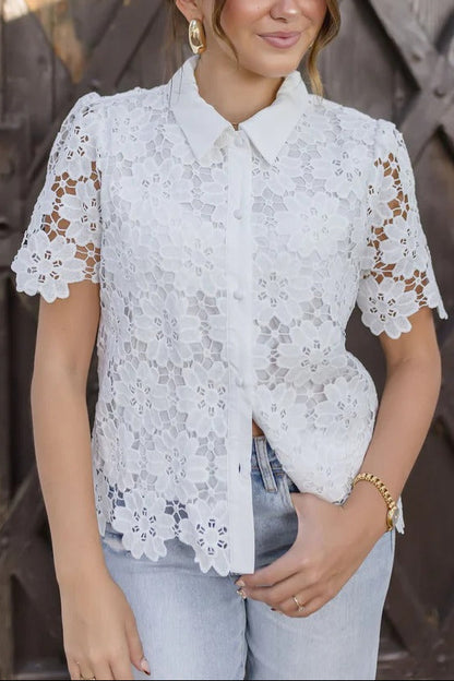 white cut-out embroidery lace short-sleeved shirt top