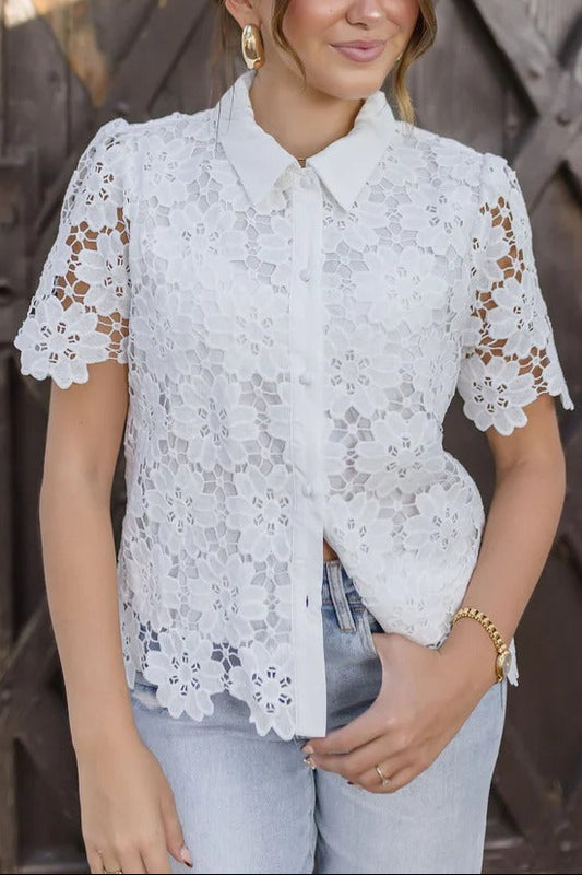 white cut-out embroidery lace short-sleeved shirt top