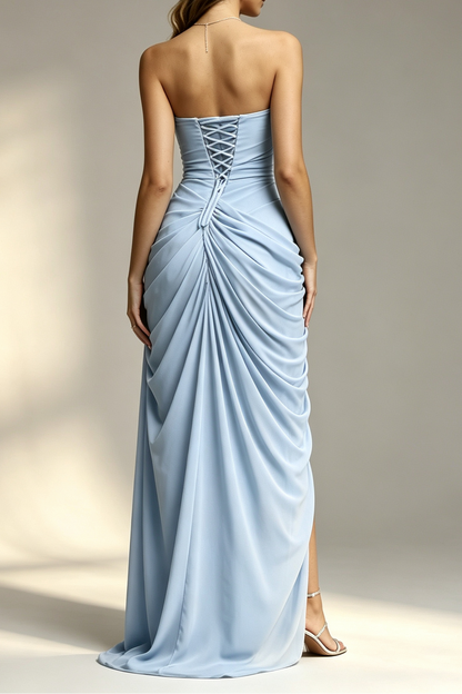 Light Blue Strapless Ruched Draped High Side Slit Train Maxi Formal Dress