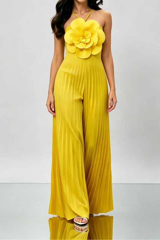 Bright Yellow 3D Floral Halter Pleated Wide Leg Jumpsuit