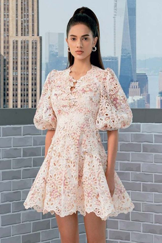 Puff Sleeves Cut-out Backless Floral Mini Dress
