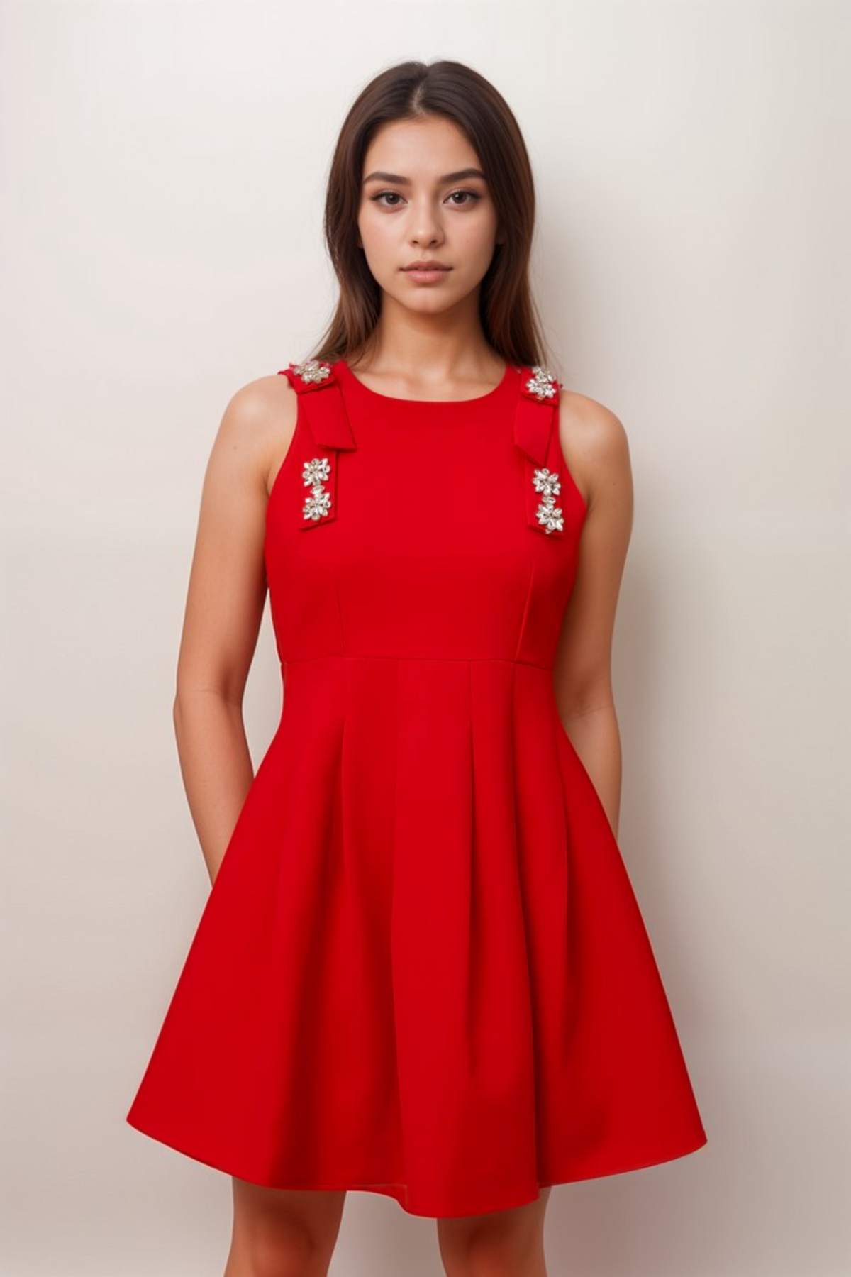 Louisa red bow sleeveless pleated mini dress