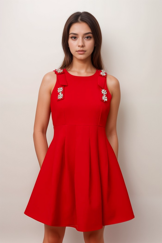 Louisa red bow sleeveless pleated mini dress