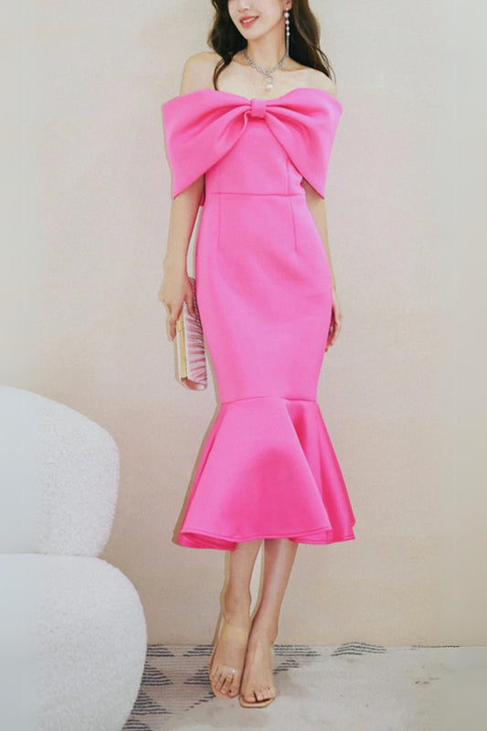 PINK BOW ONE-SHOULDER MIDI DRESS
