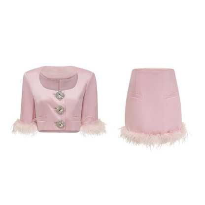 Flavia satin feather top & skirt matching set