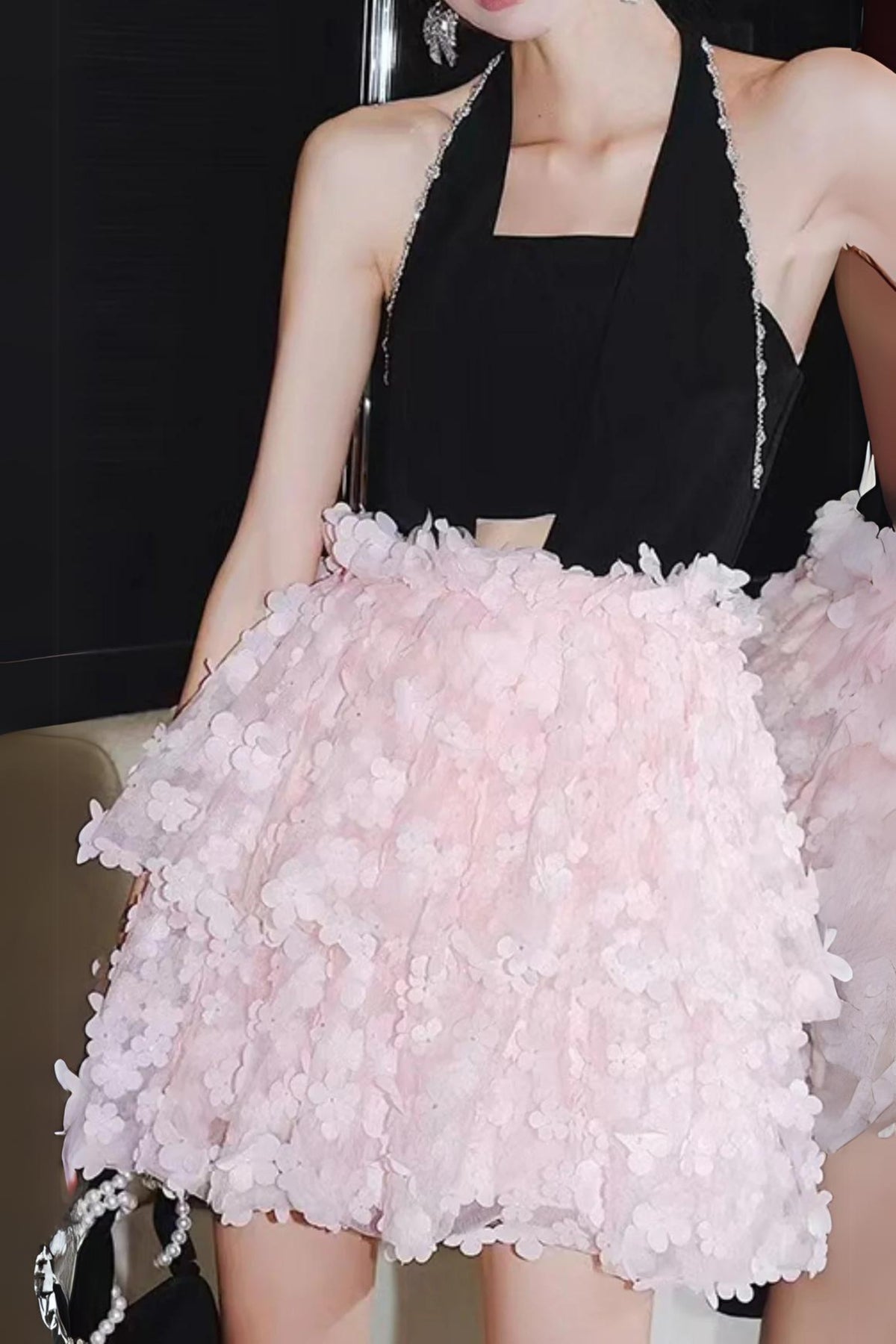SLEEVELESS HALTER DRESS WITH PINK FLOWERS IN BLACK