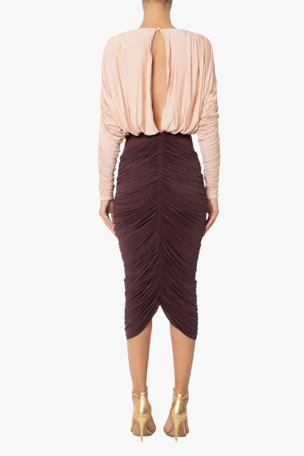 Long Sleeve Two-Tone pleated Midi Dress in Brown