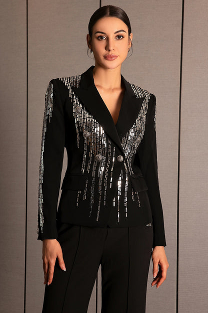 andrea Faidra Rhinestone Double Breasted Lapel Blazer in black