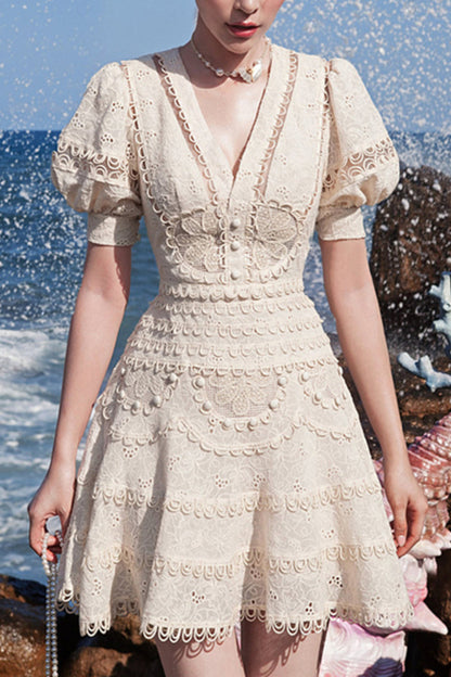 Embroidery V-NECK MINI DRESS IN BEIGE