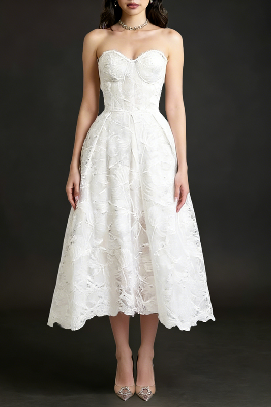 AGNENS White Sexy Strapless Embroidered Lace Midi Dress