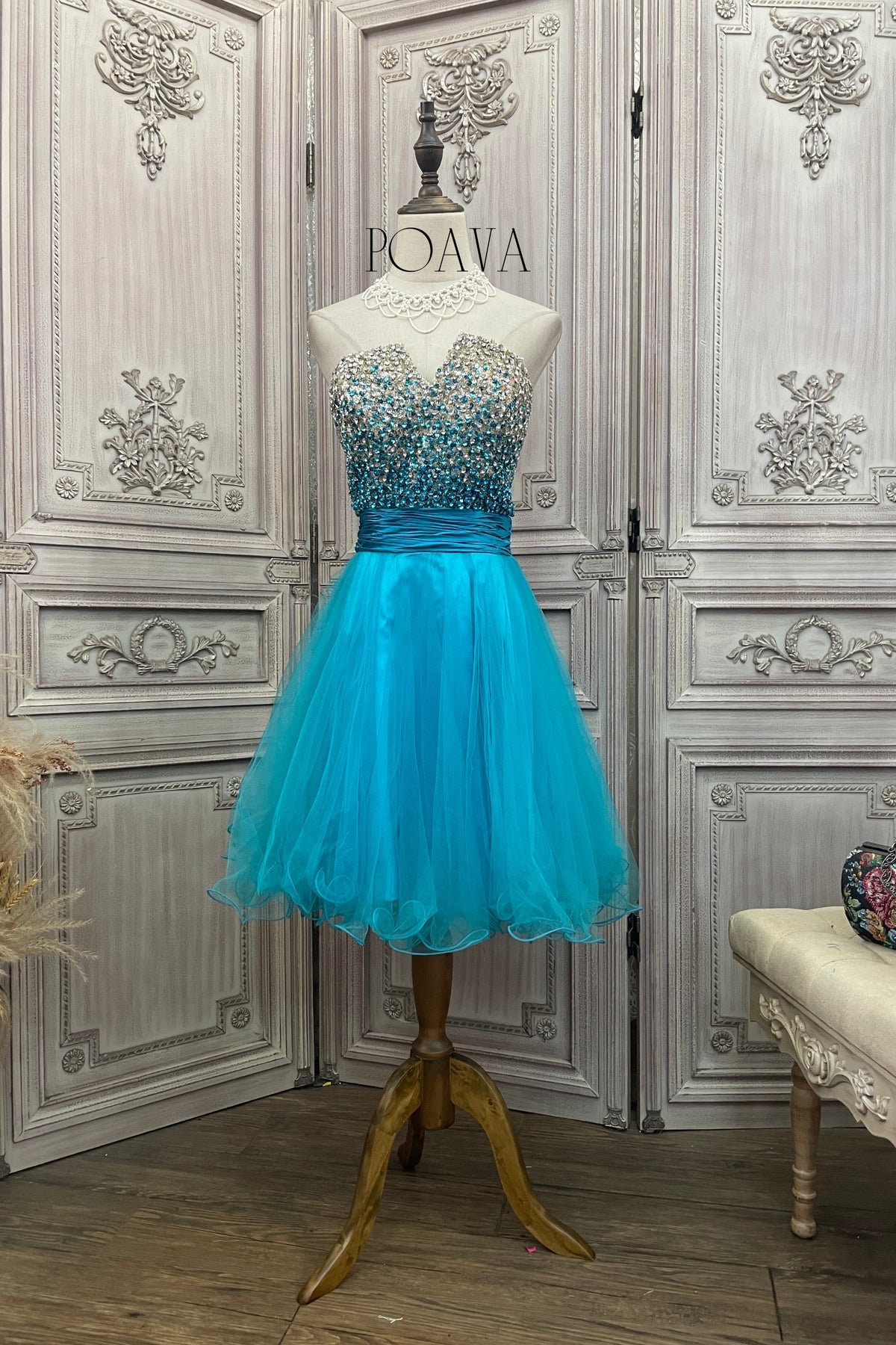 Embellished Yarn Strapless Midi Dress In Blue
