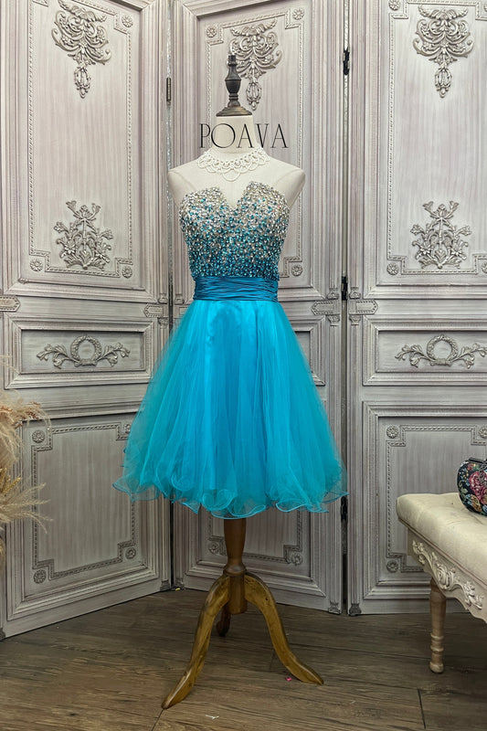 Embellished Yarn Strapless Midi Dress In Blue