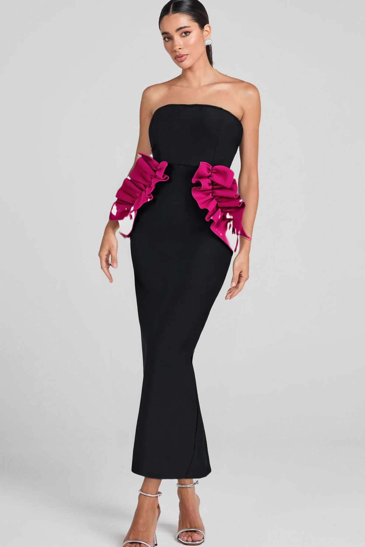 PLEATED ORNAMENTED BANDAGE MAXI DRESS IN BLACK