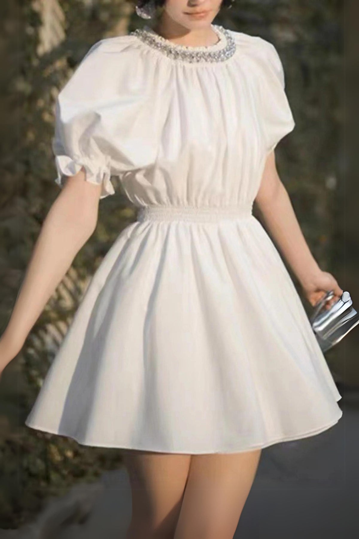 CYSTAL NECK PUFF SLEEVE MINI DRESS