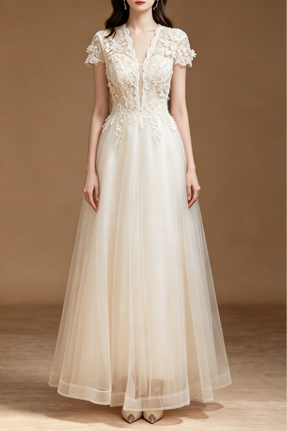 3D Floral Lace Short Sleeve Tulle Floor-Length Evening Gown