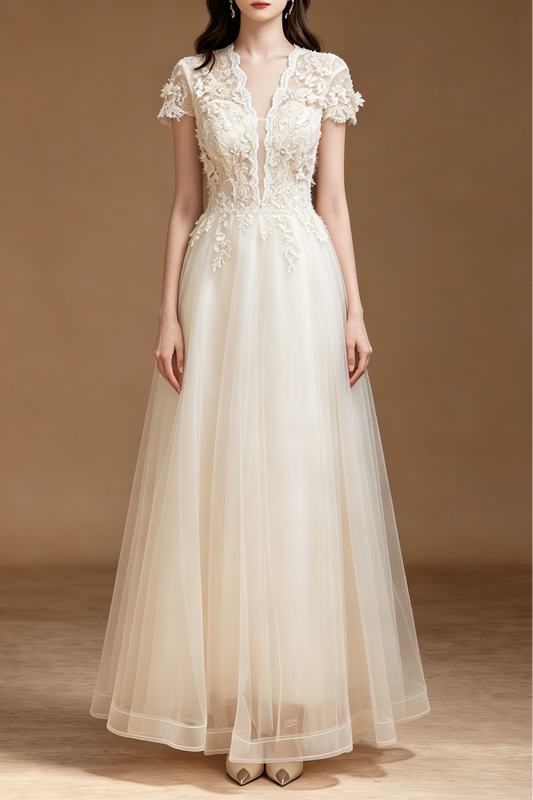 3D Floral Lace Short Sleeve Tulle Floor-Length Evening Gown