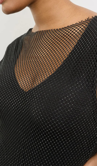 sleeveless mesh shift midi dress in black