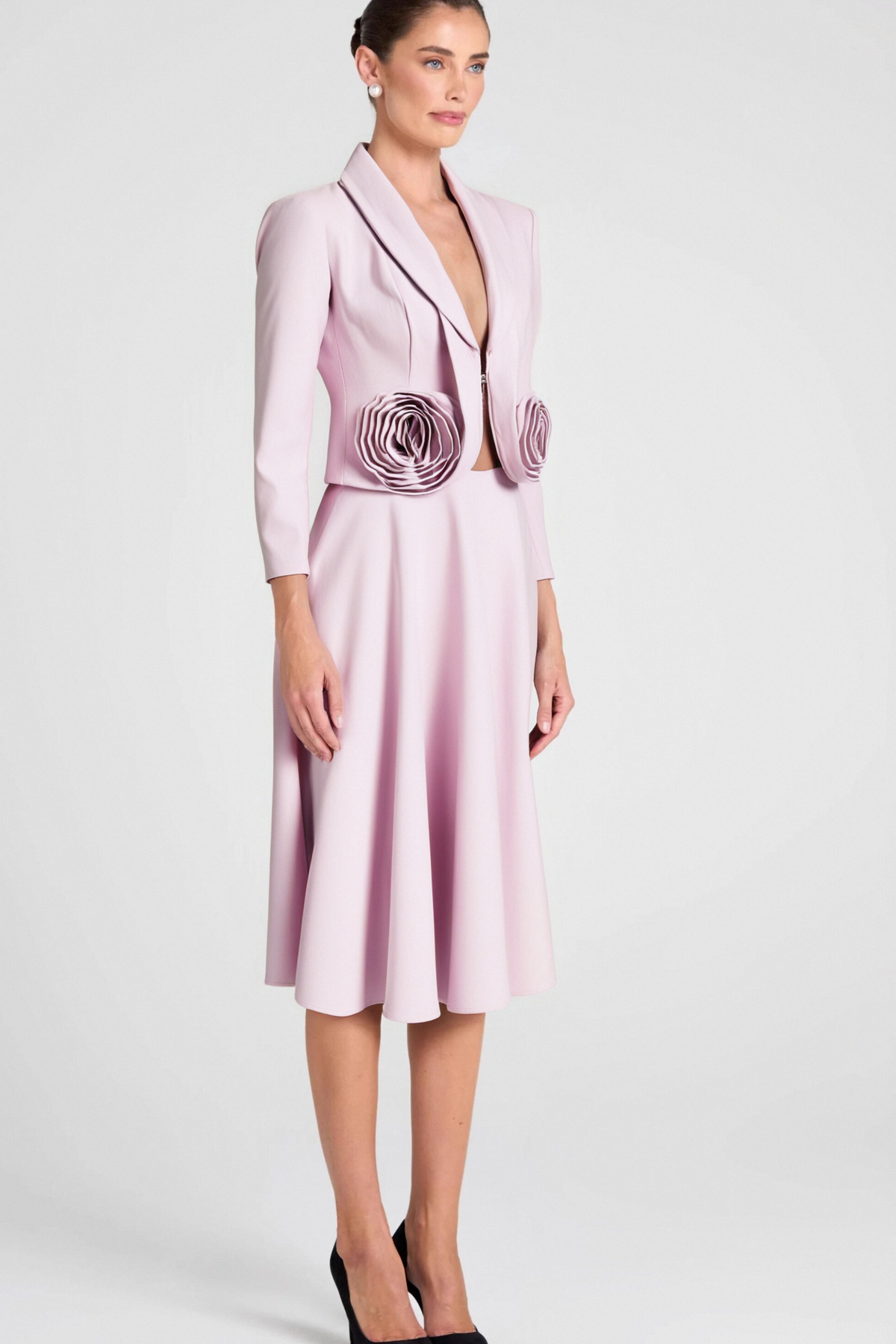 CAROL PINK 3D FLORAL BLAZER ＆ HIGH WAIST MIDI SKIRT SET