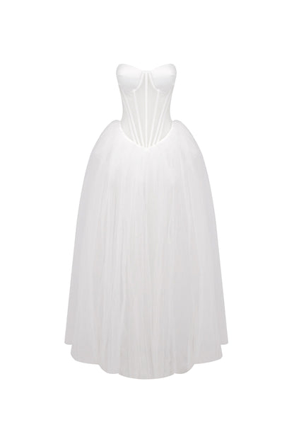 Strapless Corset A Line Maxi Dress White