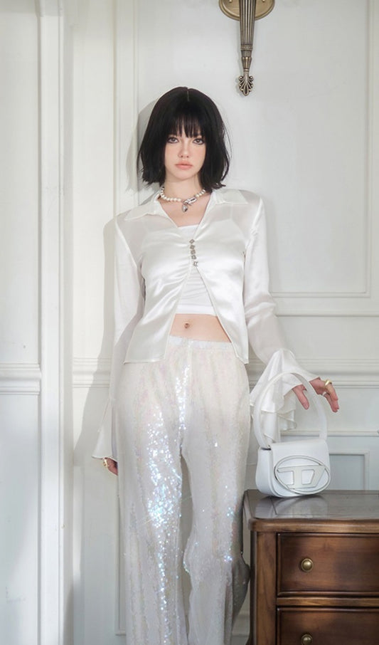 White Satin Ruffle Sleeve Cinched Waist Shirt